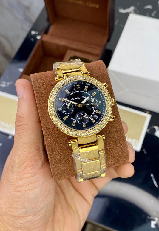 MICHAEL KORS PARKER GOLD STAINLESS STEEL BLACK DIAL CHRONOGRAPH QUARTZ LEDIES WATCH 😍😍💥💥