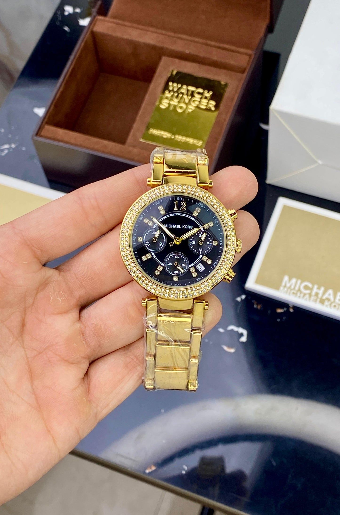MICHAEL KORS PARKER GOLD STAINLESS STEEL BLACK DIAL CHRONOGRAPH QUARTZ LEDIES WATCH 😍😍💥💥