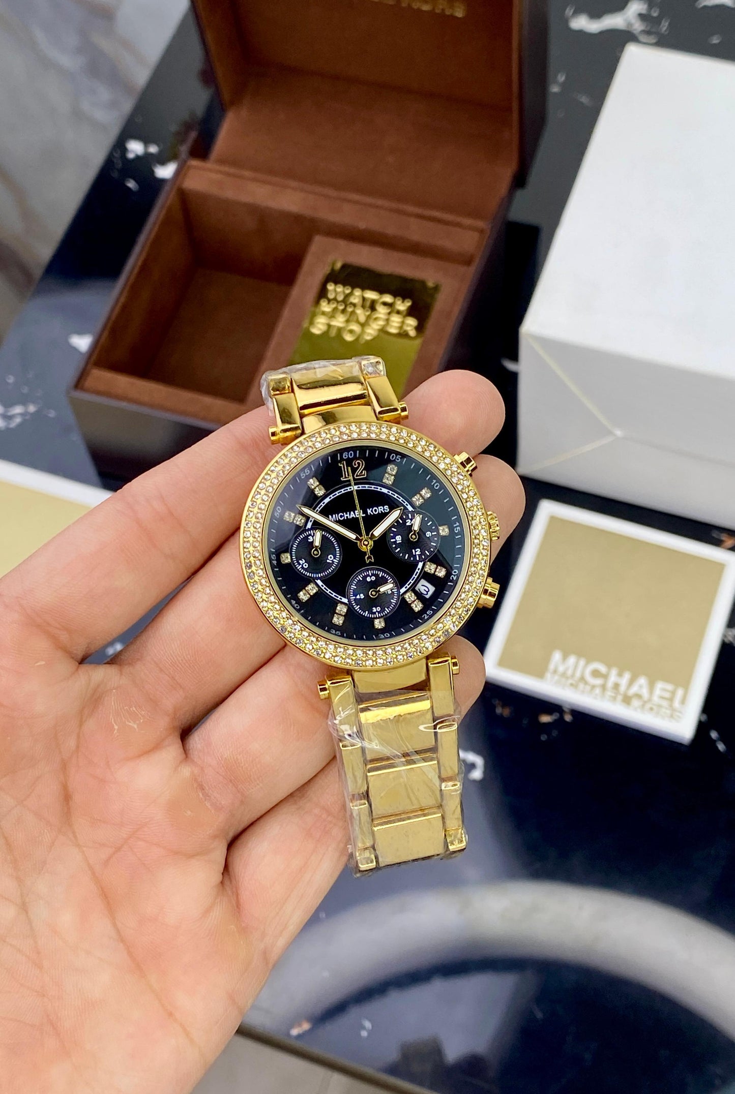 MICHAEL KORS PARKER GOLD STAINLESS STEEL BLACK DIAL CHRONOGRAPH QUARTZ LEDIES WATCH 😍😍💥💥